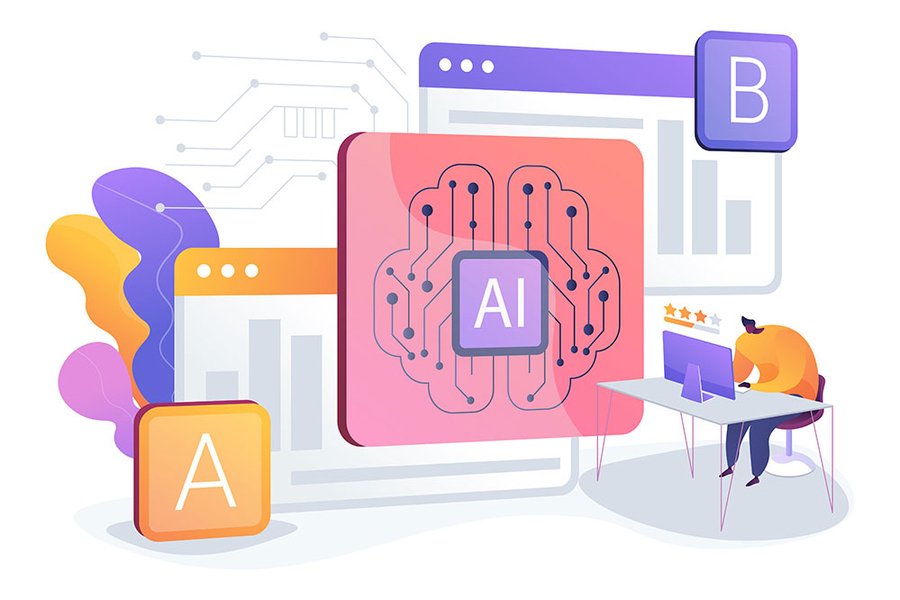 Conceptual illustration for A-B Testing and AI-Refined Marketing has a cartoon figure sitting at a computer next to a giant CPU labeled “AI” and two giant cards labeled “A” and “B