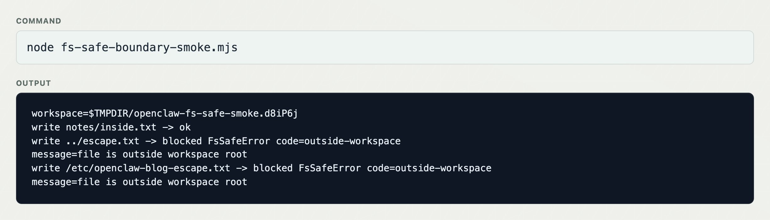 Terminal output showing fs-safe allowing an in-workspace write and blocking traversal and absolute-path writes with outside-workspace errors.