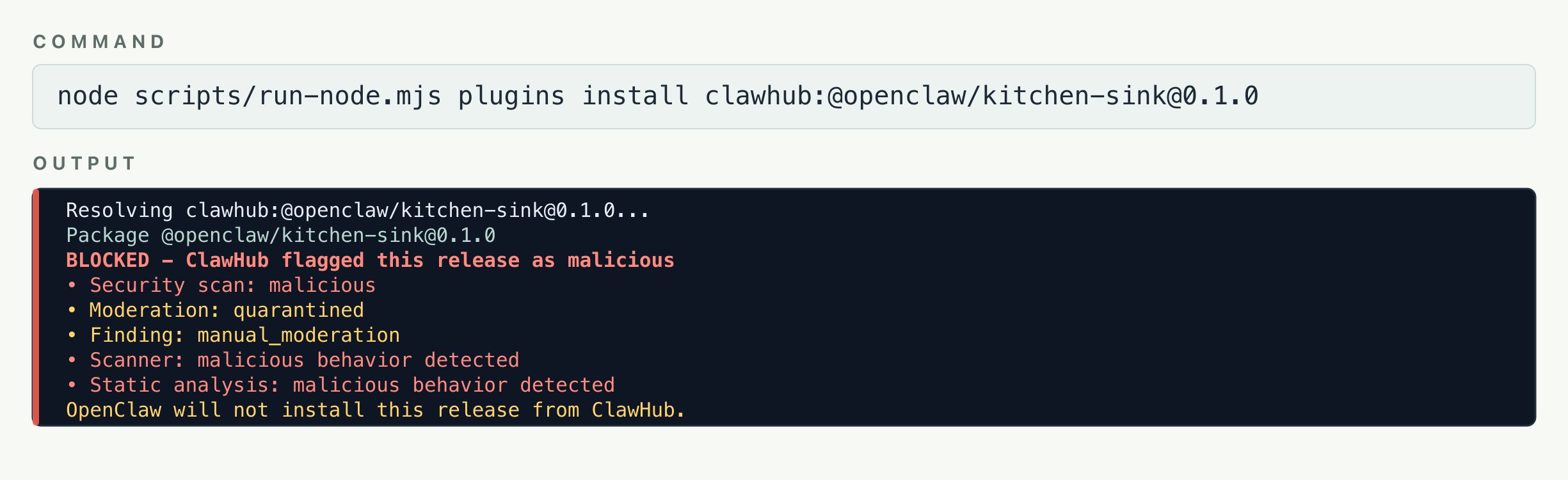 Terminal output showing OpenClaw refusing to install a ClawHub release flagged as malicious and quarantined.