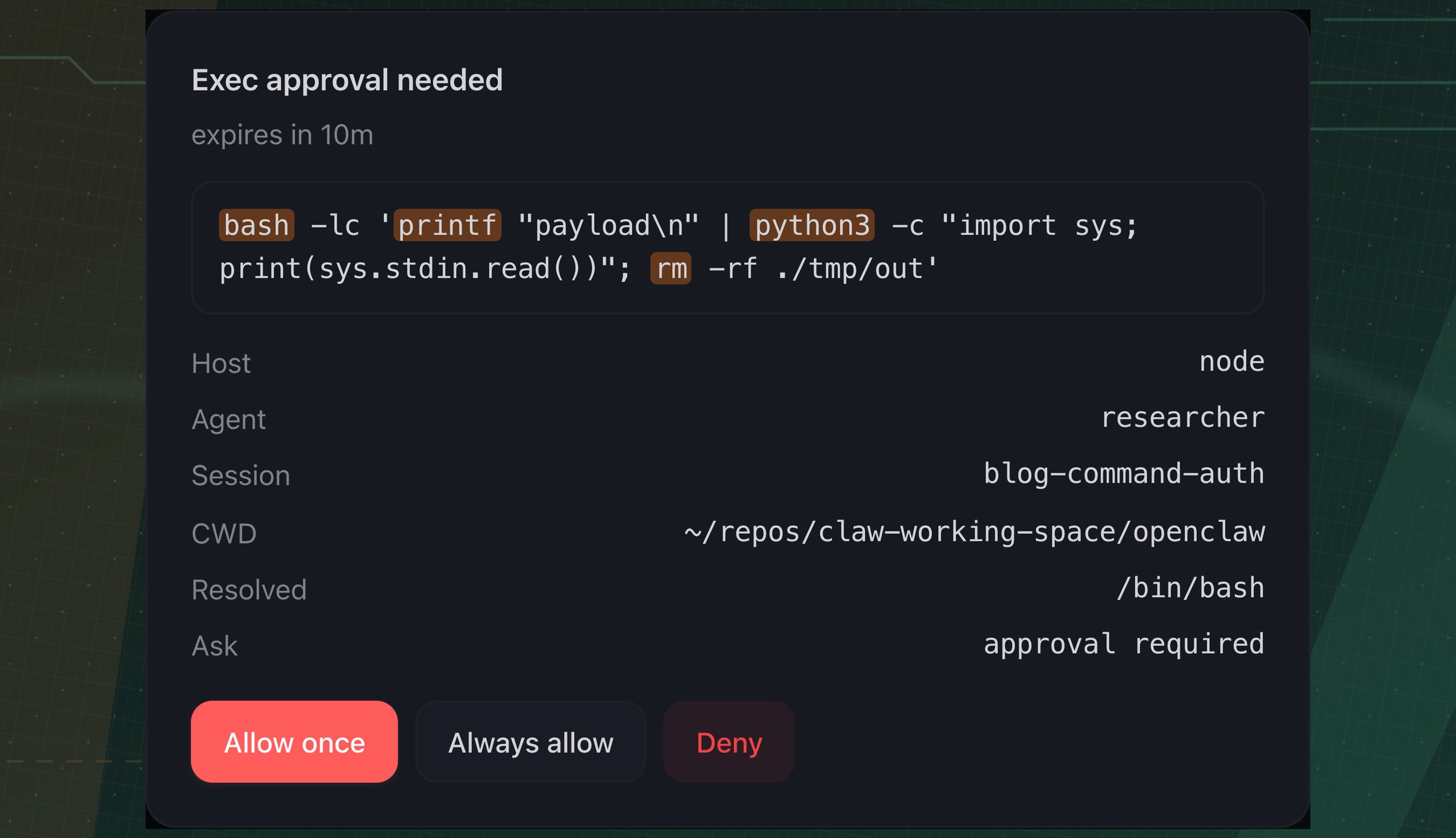 OpenClaw exec approval dialog highlighting executables inside a nested bash and Python command, including rm.