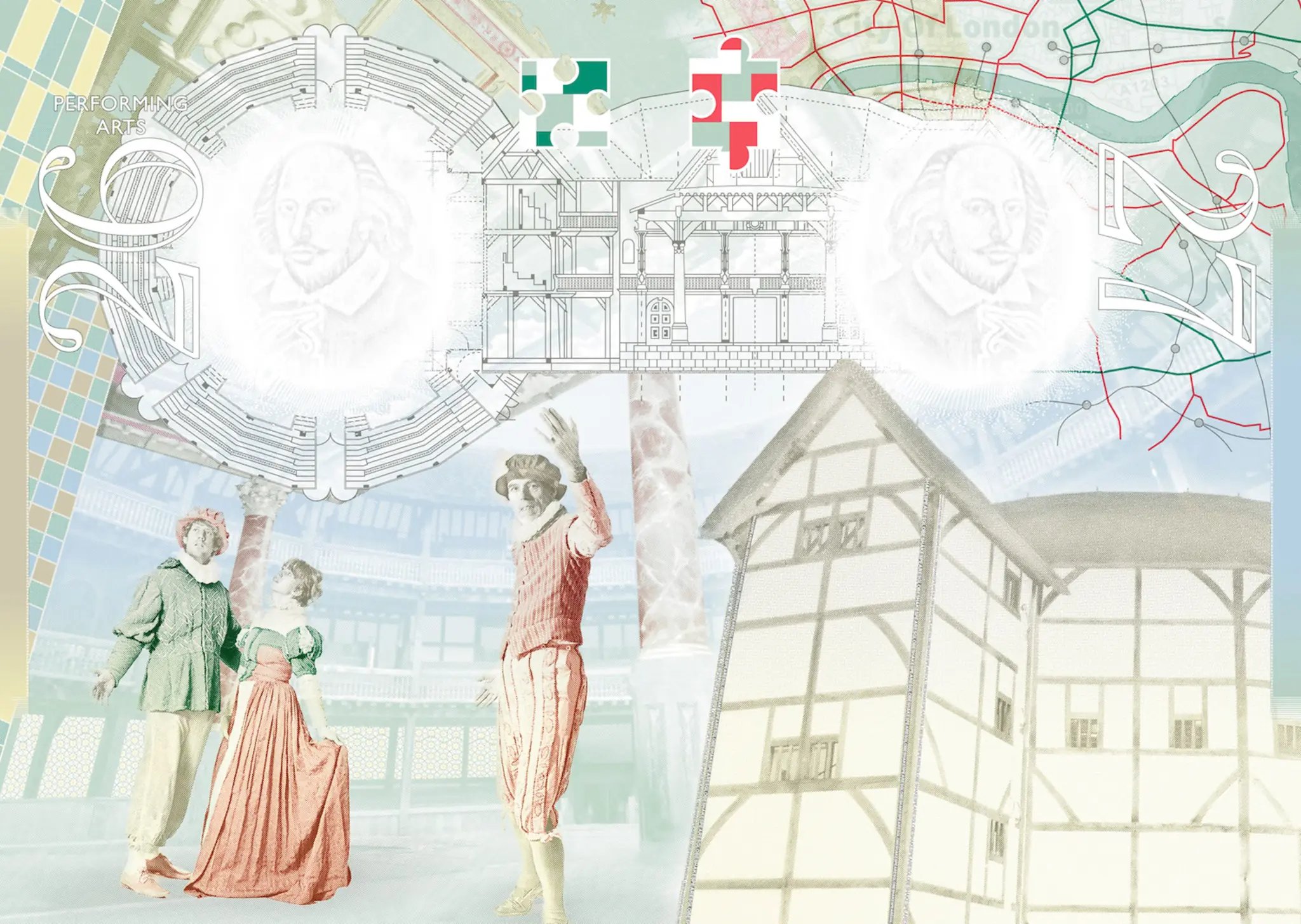 Passport page, richly illustrated, featuring Shakespeare's Globe. There are three actors in the corner.