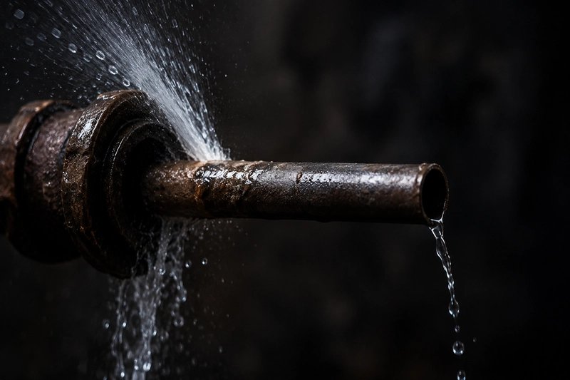 A dramatic macro photograph of a single, narrow pipe or tube made of old, slightly rusted metal. Water is visibly struggling to push through it — pressure building on one side, a weak trickle on the other. The background is dark and out of focus. The image should feel like a physical metaphor for a system under strain: something that was built for a simpler time, now completely overwhelmed. Shot with a shallow depth of field, dramatic side lighting, editorial photography style. 3:2