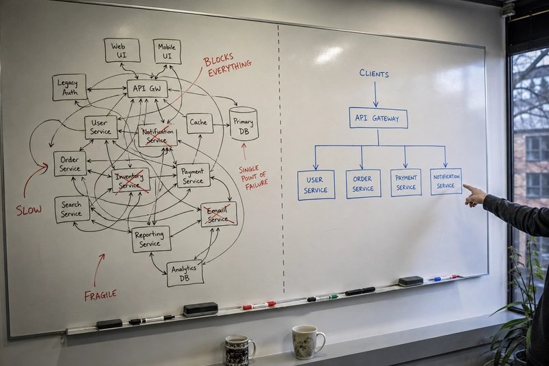 A wide, slightly elevated photograph of a large whiteboard mid-session. On the left half of the board is a sprawling, tangled web of boxes and lines representing the old system — some boxes are crossed out in red marker, arrows go in circles, annotations read 
