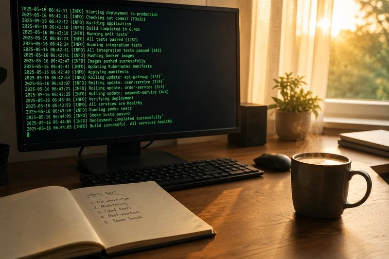A calm, wide photograph of the same developer's desk — but now it is morning. Warm golden light comes through a window with thin curtains. The monitor is on, showing a terminal with clean, green output: a deployment log that ends with 