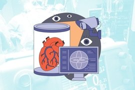 Illustration of a human heart in a canister behind a computer. Above is a security camera surrounded by eyeballs.
