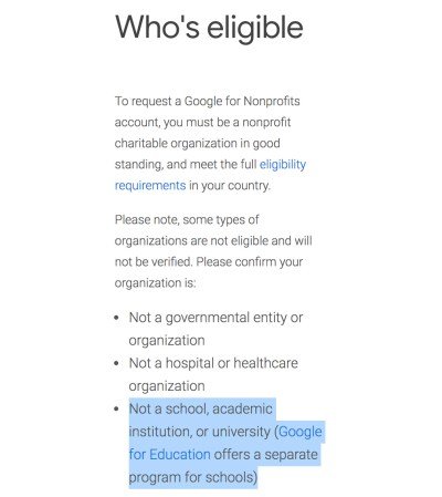 Google for Nonprofit's eligibility standards