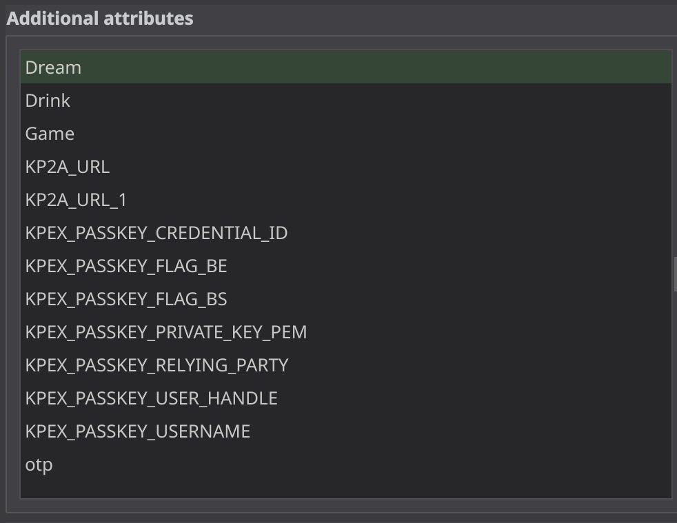 KeePassXC Additional Attributes menu showing fields for Dream, Drink, Game, five KPEX Passkey identifiers, and OTP.