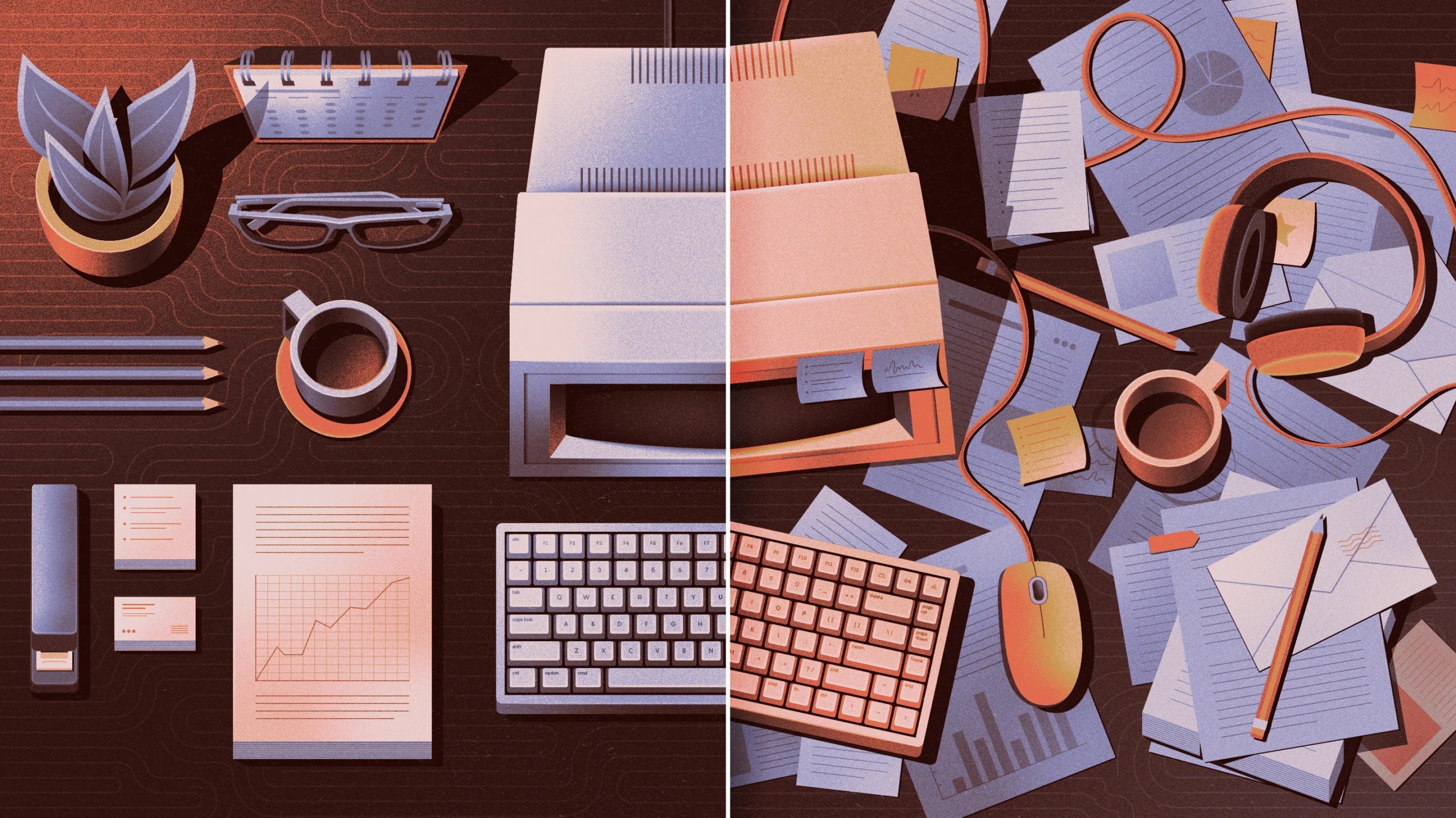 A split screen view of a desk with a computer, keyboard, mouse, and desk accessories like a plant, mug of coffee, paper, calendar, headphones. The left side shows the desk arranged neatly with everything in its own space, the right side shows a messy version with everything piled on top of each other.