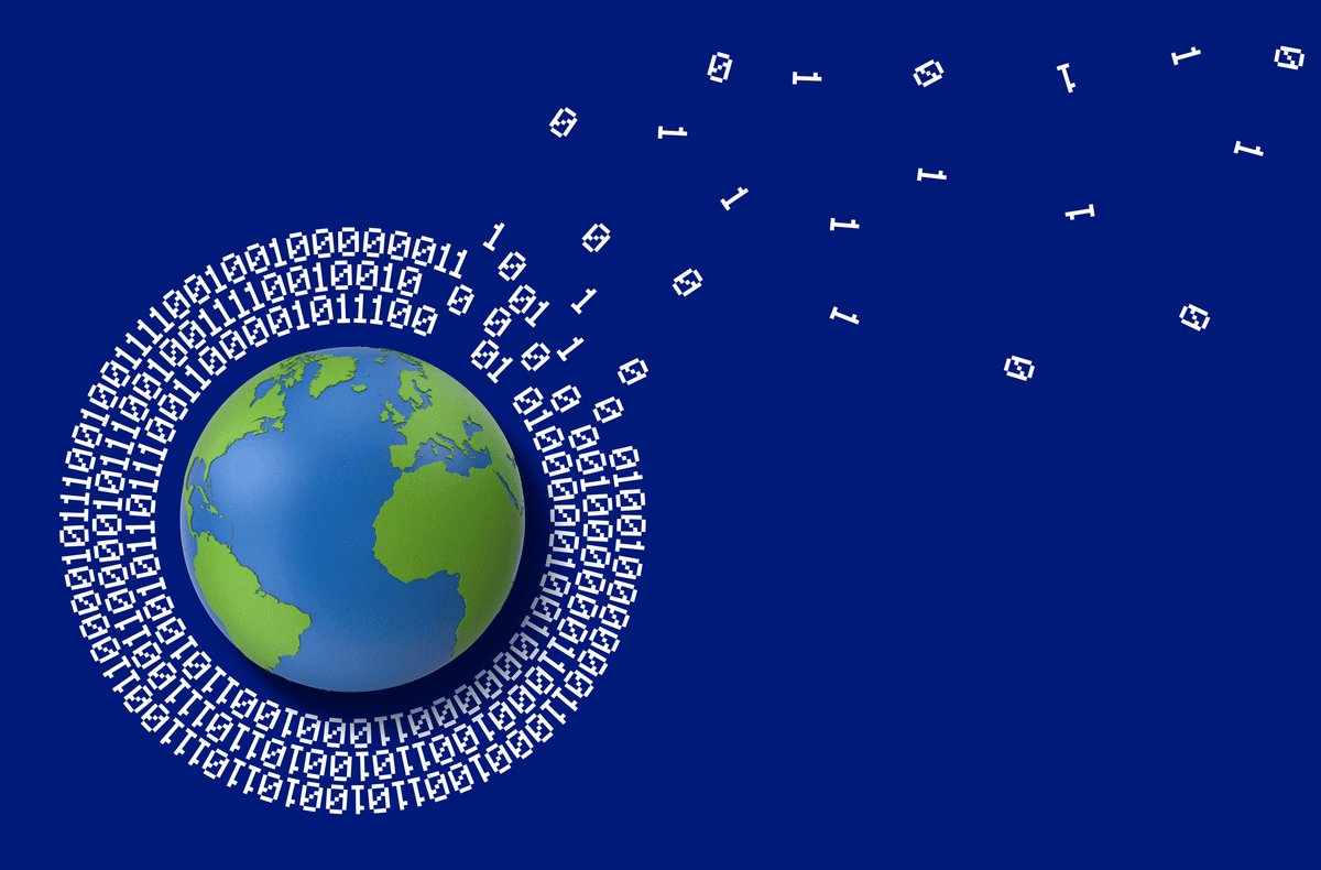 Globe surrounded by zeroes and ones on a blue background