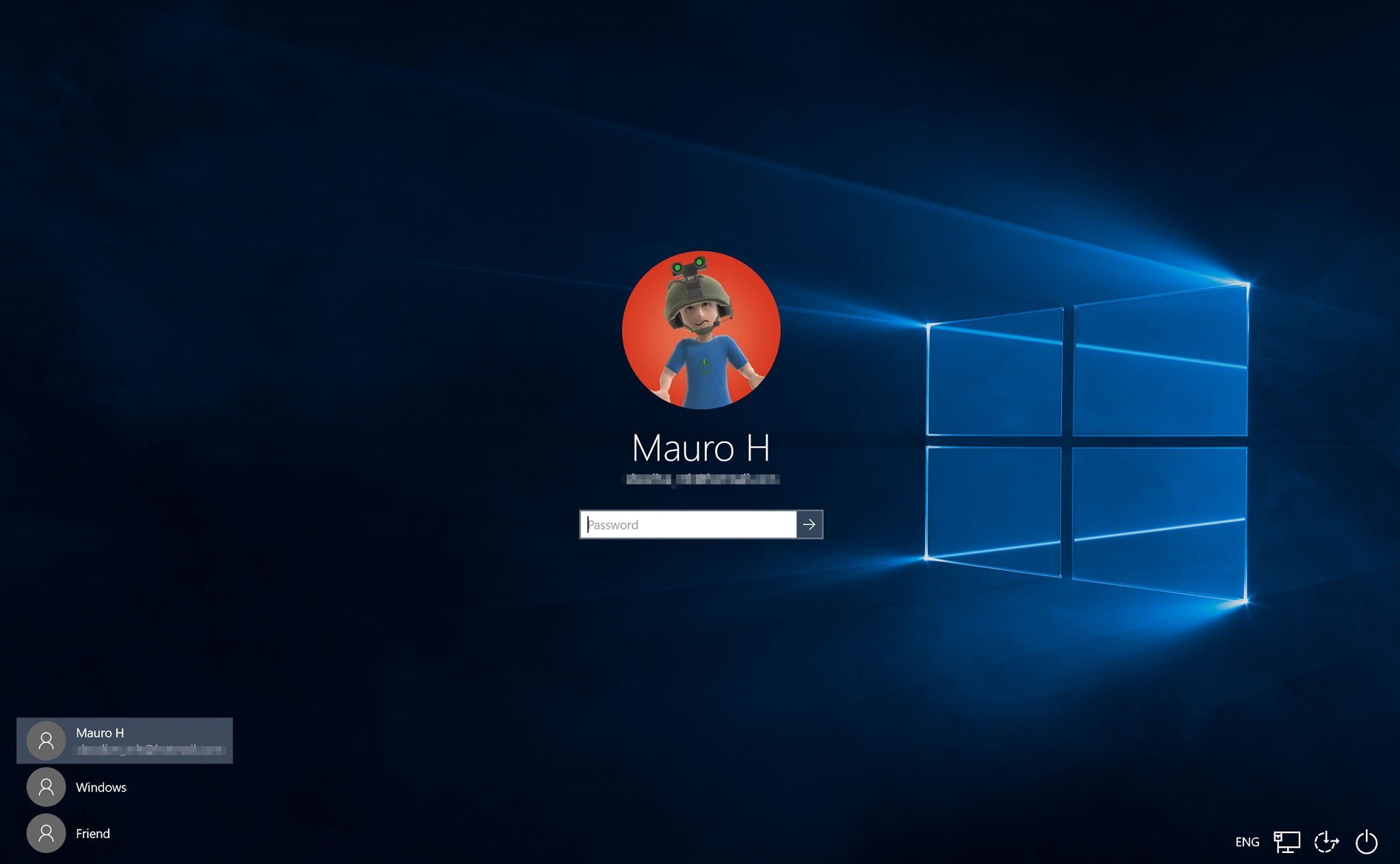 Login screen with a dark blue background and glowing Windows logo. Profile avatar of an animated character wearing a green hat, labeled "Mauro H".