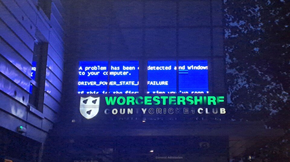 Digital sign at Worcestershire County Cricket Club displays a Windows blue screen error message.