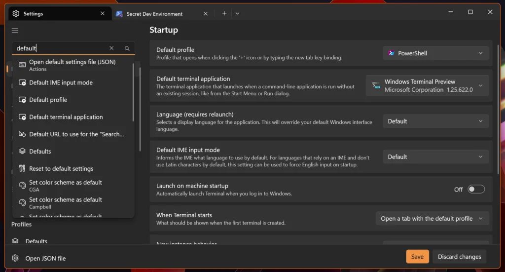Windows Terminal displaying a search bar in the Settings UI; the query is populated with 