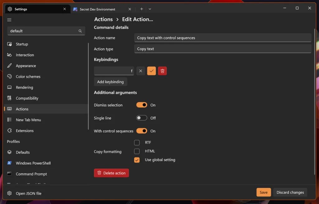 Windows Terminal displaying a settings page containing the customization for an action named 
