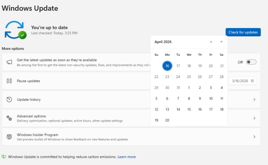 Windows Update calendar flyout for pausing updates