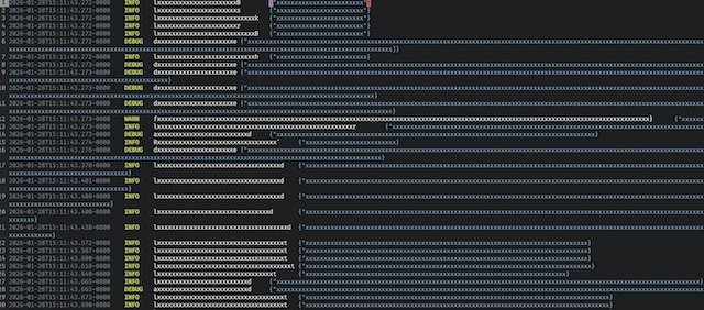 A screenshot of my highlighted logs, with the logs heavily redacted, showing the timestamp, log level, log string, andjson data in different colors and sizes