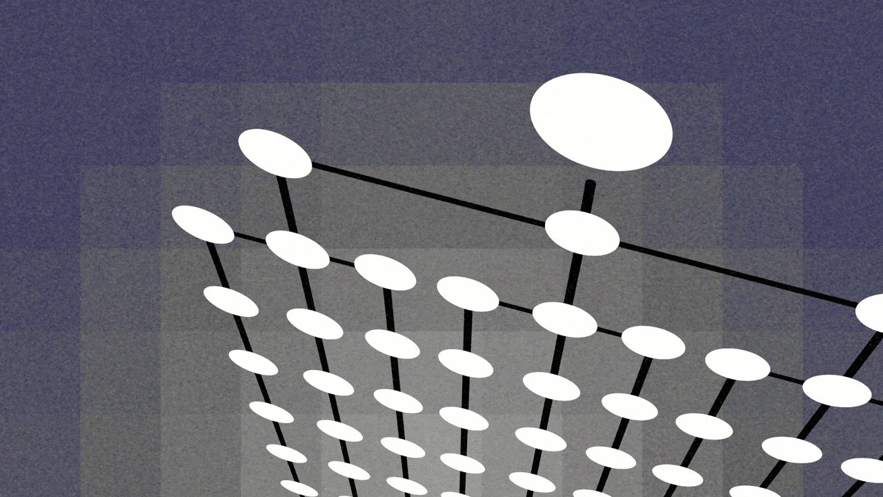 Animated illustration of an org chart against a pixelated background. The nodes below the CEO level all turn into glowing neon green sparkles.