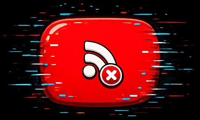 Cartoon-style red YouTube-like button with a broken feed icon and X button indicating an error and surrounded by glitch effects