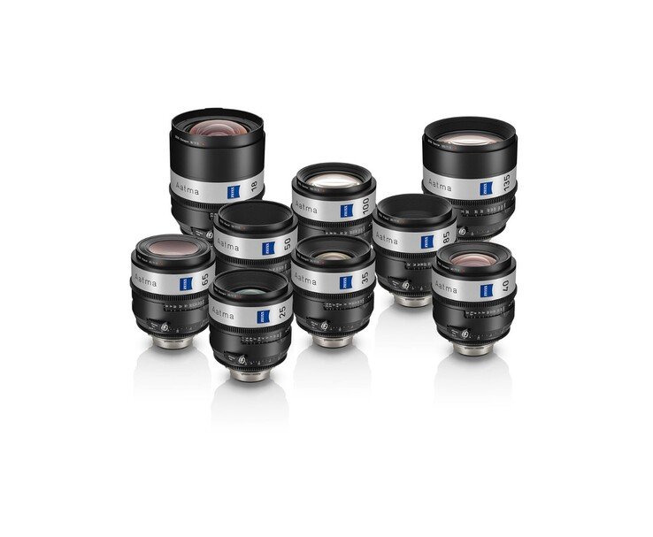 Zeiss Aatma full-frame T1.5 cinema prime lens lineup showing nine lenses ranging from 18mm to 135mm