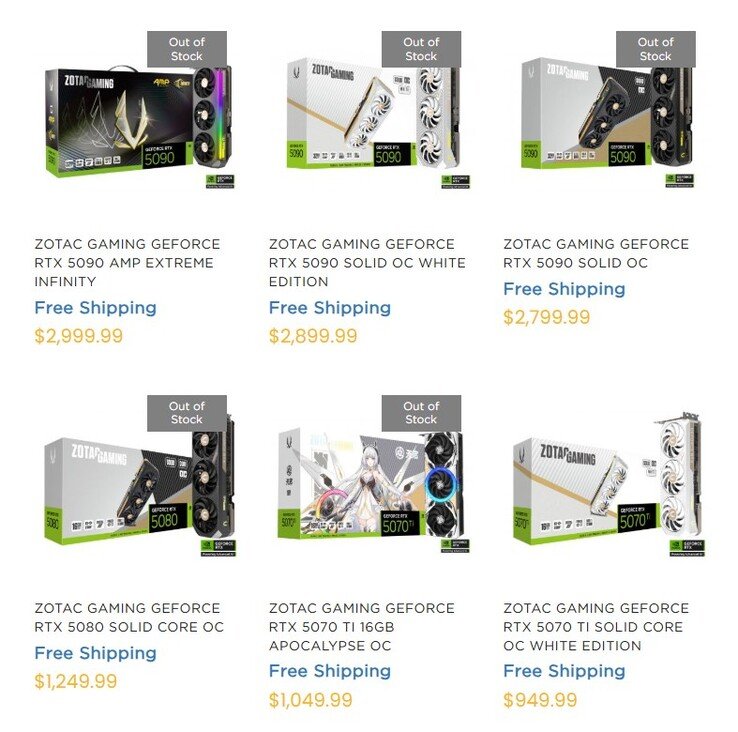 RTX 50 series GPUs on ZOTAC's website. (Image Source: ZOTAC)