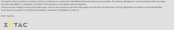 Email sent to customers by ZOTAC. (Image Source: Reddit) 